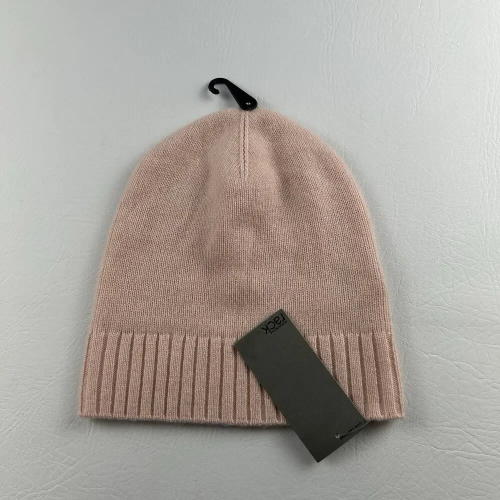 Nordstrom Rack 100% Cashmere Beanie Pink Ribbed Cuff Knit Winter Hat NWT